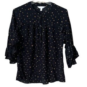 LC Lauren Conrad Ruffle Blouse Black with Tan Hearts Ruffled Sleeves Size Medium